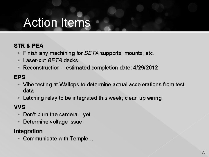 Action Items STR & PEA • Finish any machining for BETA supports, mounts, etc.