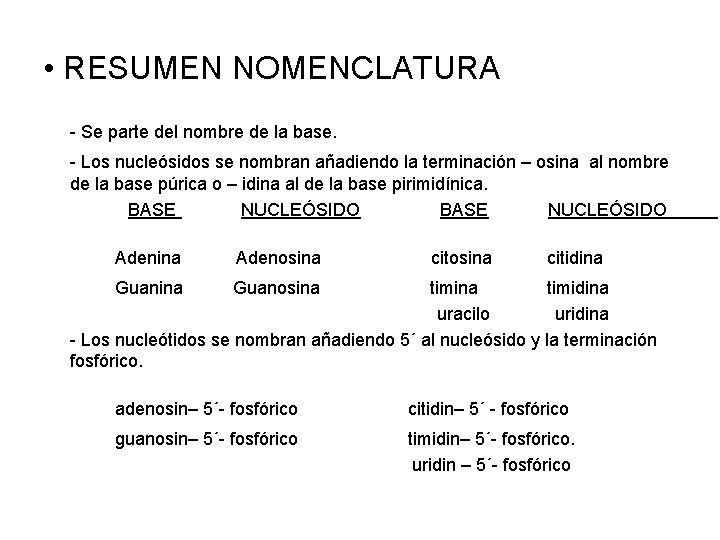  • RESUMEN NOMENCLATURA - Se parte del nombre de la base. - Los