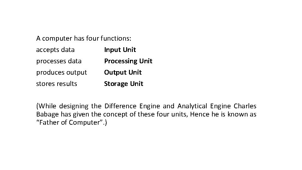 A computer has four functions: accepts data Input Unit processes data Processing Unit produces