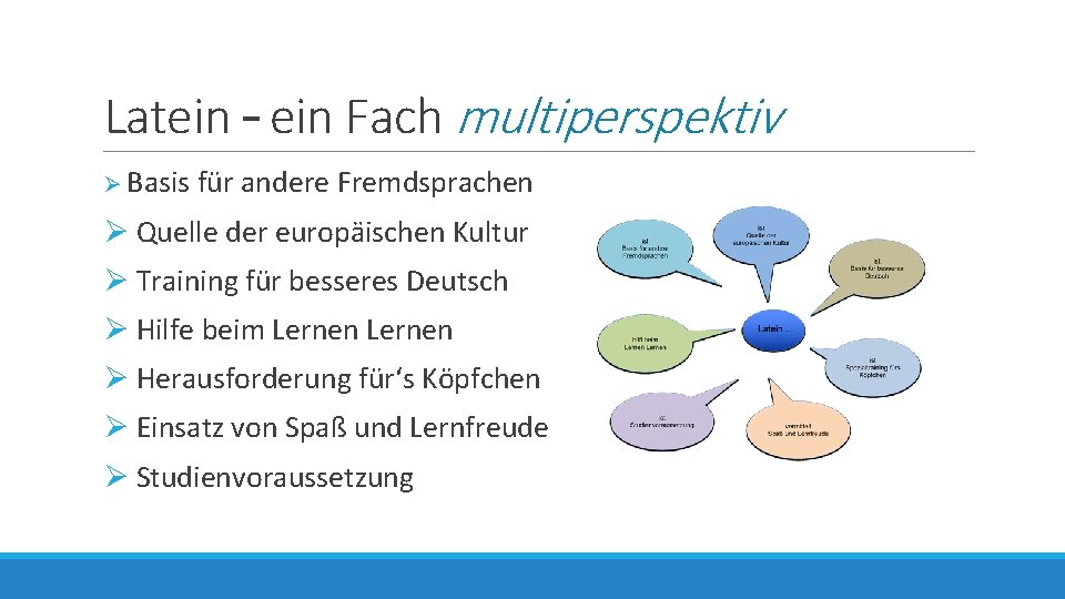 Latein – ein Fach multiperspektiv Ø Basis für andere Fremdsprachen Ø Quelle der europäischen