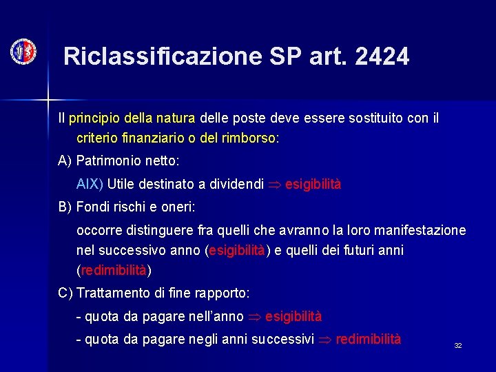 Riclassificazione SP art. 2424 Il principio della natura delle poste deve essere sostituito con