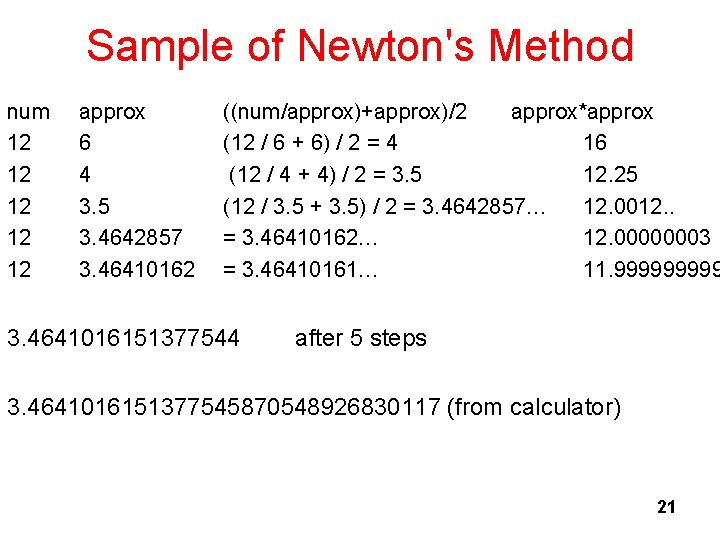 Sample of Newton's Method num 12 12 12 approx 6 4 3. 5 3.