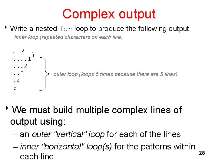 Complex output 8 Write a nested for loop to produce the following output. inner