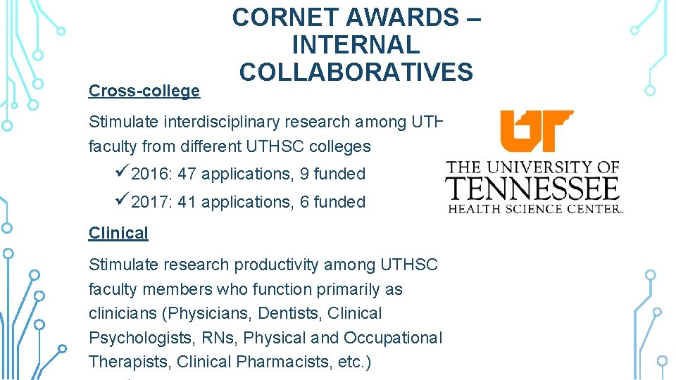 Cross-college CORNET AWARDS – INTERNAL COLLABORATIVES Stimulate interdisciplinary research among UTHSC faculty from different