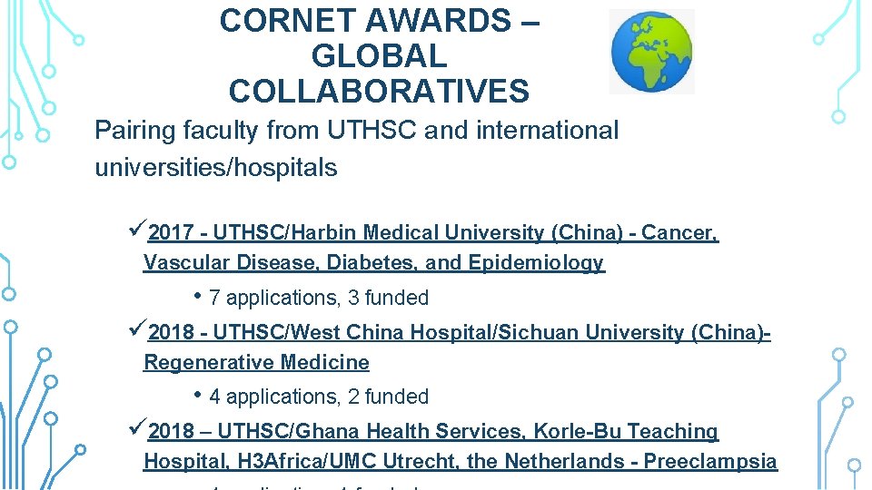 CORNET AWARDS – GLOBAL COLLABORATIVES Pairing faculty from UTHSC and international universities/hospitals ü 2017