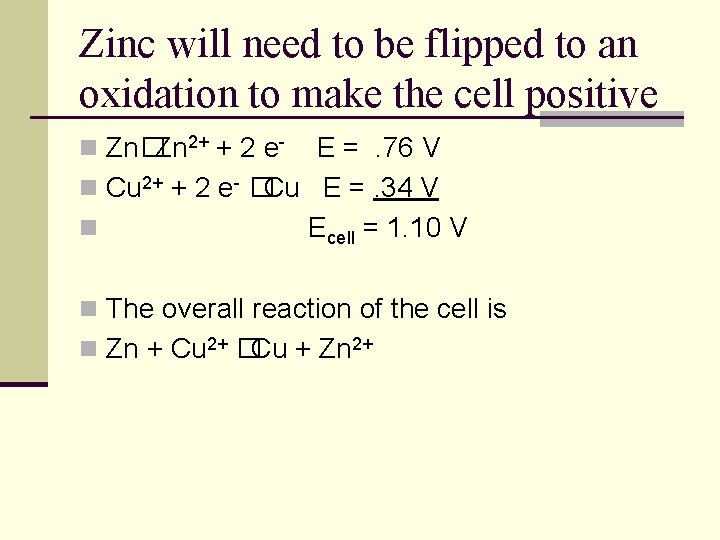 Zinc will need to be flipped to an oxidation to make the cell positive