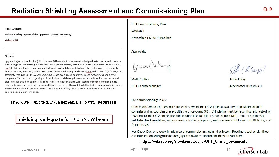 Q. 9 Radiation Shielding Assessment and Commissioning Plan https: //wiki. jlab. org/ciswiki/index. php/UITF_Safety_Documents Shielding