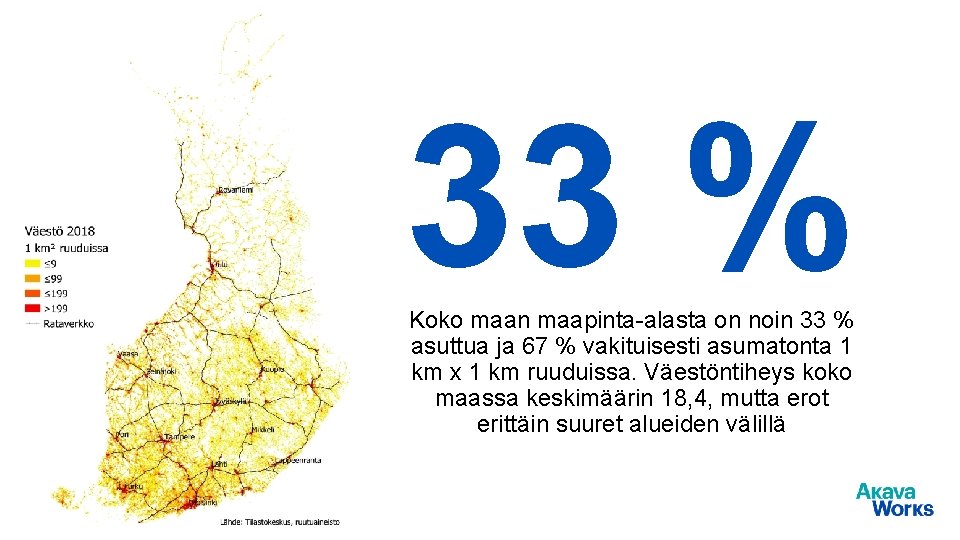 33 % Koko maan maapinta-alasta on noin 33 % asuttua ja 67 % vakituisesti