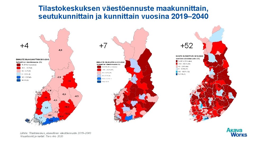 Tilastokeskuksen väestöennuste maakunnittain, seutukunnittain ja kunnittain vuosina 2019– 2040 +4 Lähde: Tilastokeskus, alueellinen väestöennuste