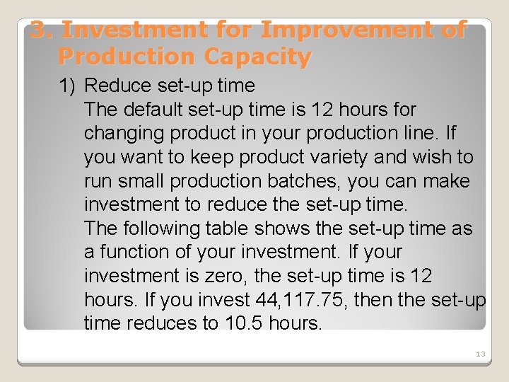 3. Investment for Improvement of Production Capacity 1) Reduce set-up time The default set-up