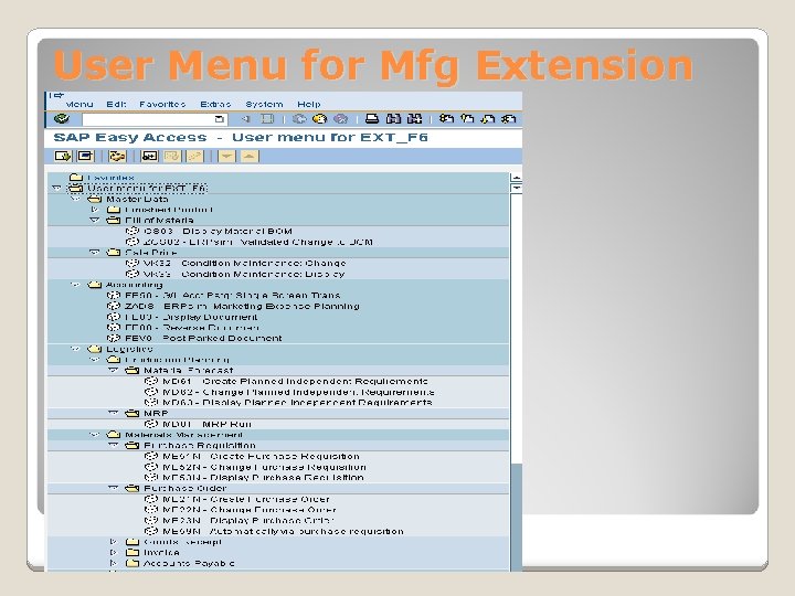 User Menu for Mfg Extension 