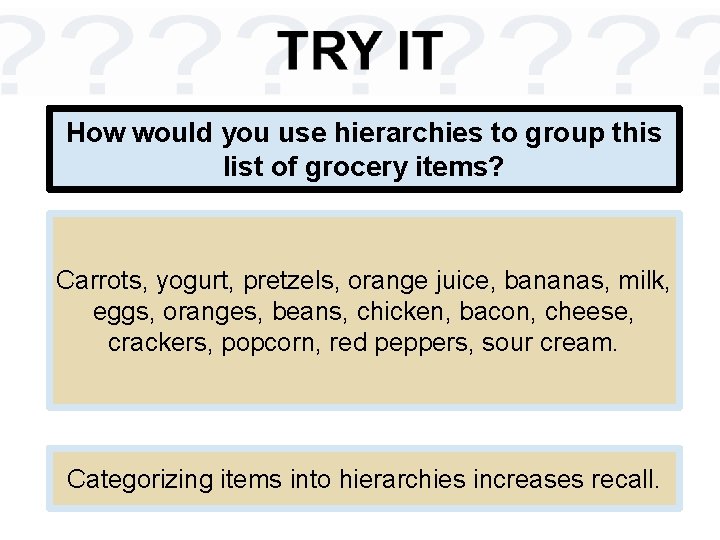 How would you use hierarchies to group this list of grocery items? Carrots, yogurt,