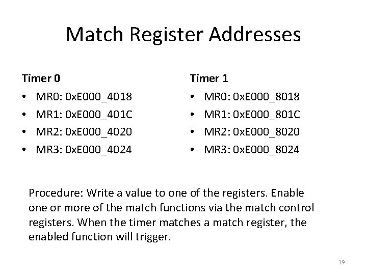 Match Register Addresses Timer 0 • • MR 0: 0 x. E 000_4018 MR
