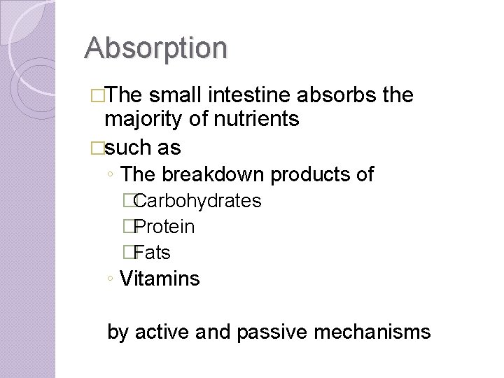 Absorption �The small intestine absorbs the majority of nutrients �such as ◦ The breakdown