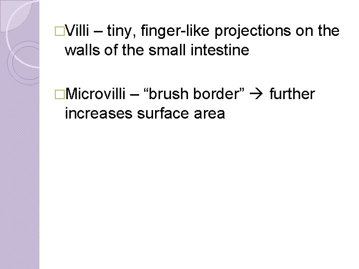 �Villi – tiny, finger-like projections on the walls of the small intestine �Microvilli –