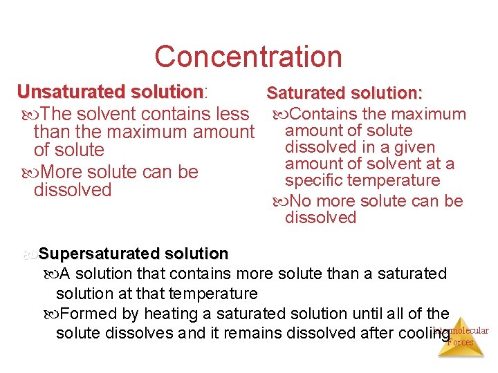 Concentration Unsaturated solution: solution Saturated solution: The solvent contains less Contains the maximum amount