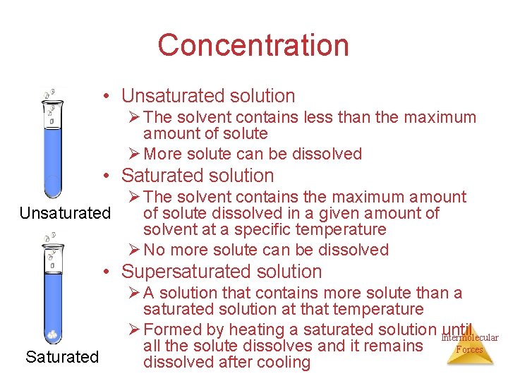 Concentration • Unsaturated solution Ø The solvent contains less than the maximum amount of