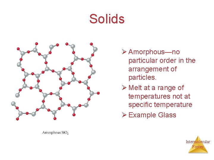 Solids Ø Amorphous—no particular order in the arrangement of particles. Ø Melt at a