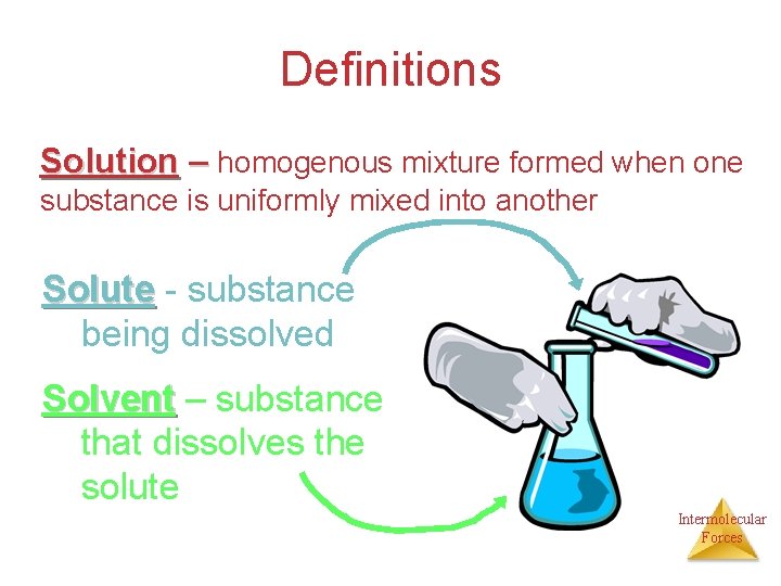 Definitions Solution – homogenous mixture formed when one substance is uniformly mixed into another