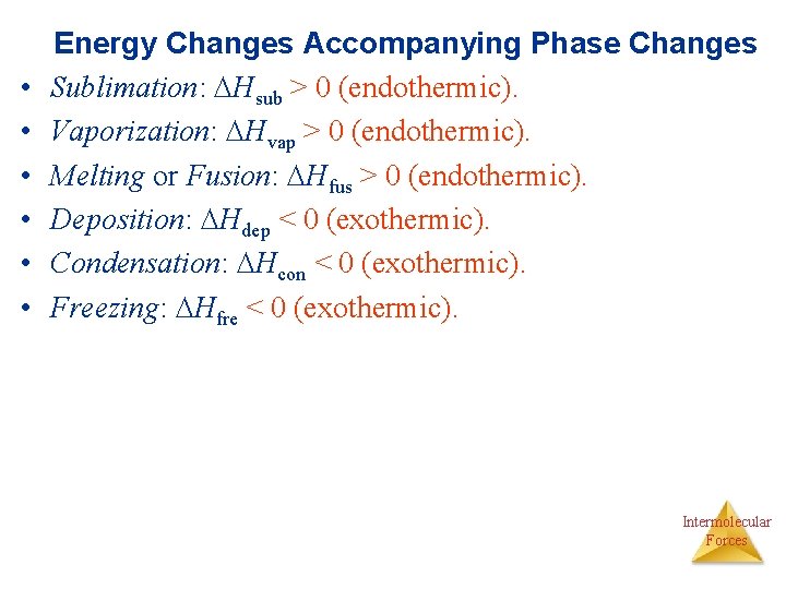  • • • Energy Changes Accompanying Phase Changes Sublimation: Hsub > 0 (endothermic).