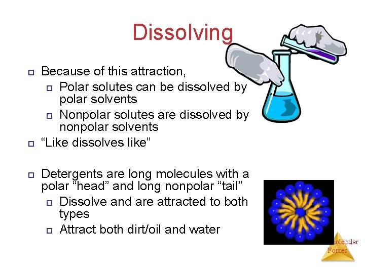 Dissolving Because of this attraction, Polar solutes can be dissolved by polar solvents Nonpolar