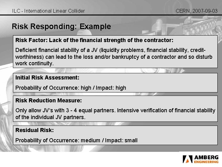 ILC - International Linear Collider CERN, 2007 -09 -03 Risk Responding: Example Risk Factor: