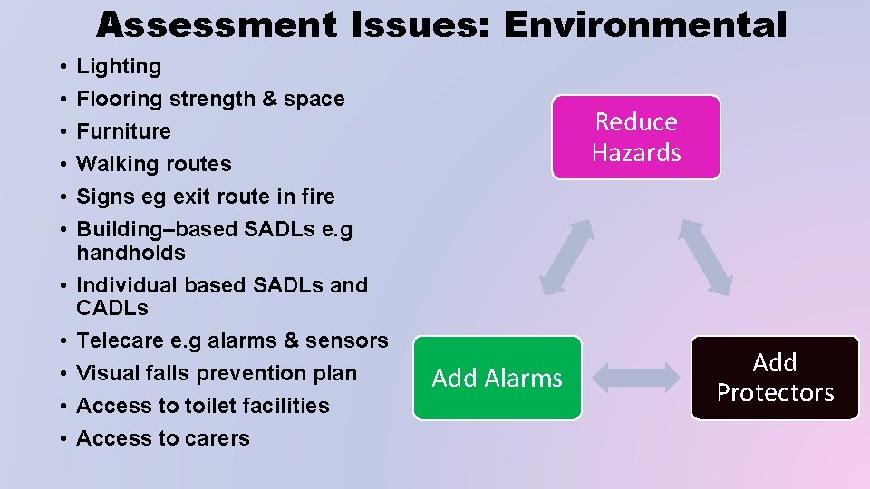 Assessment Issues: Environmental • • • Lighting Flooring strength & space Furniture Walking routes