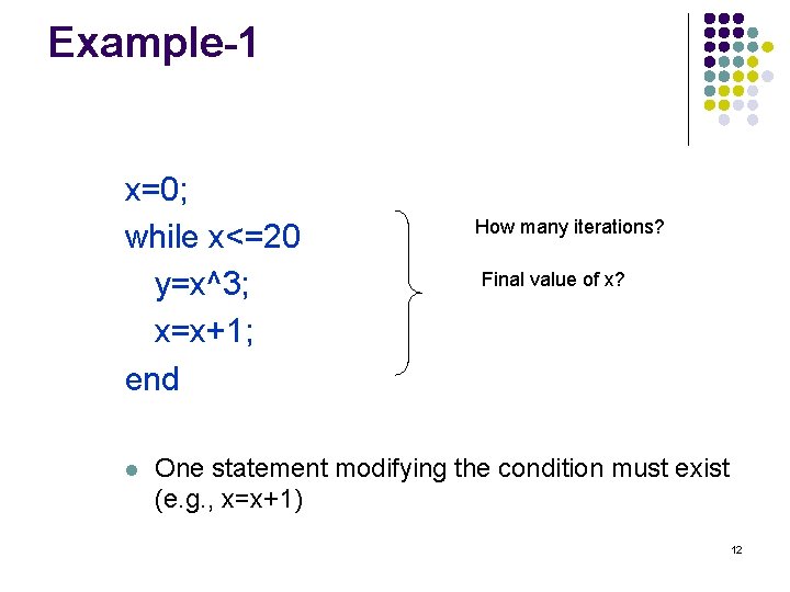 Example-1 x=0; while x<=20 y=x^3; x=x+1; end l How many iterations? Final value of