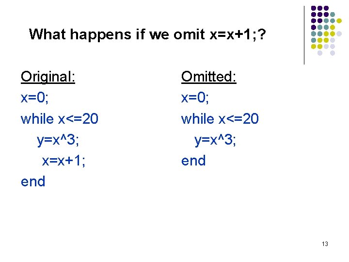 What happens if we omit x=x+1; ? Original: x=0; while x<=20 y=x^3; x=x+1; end