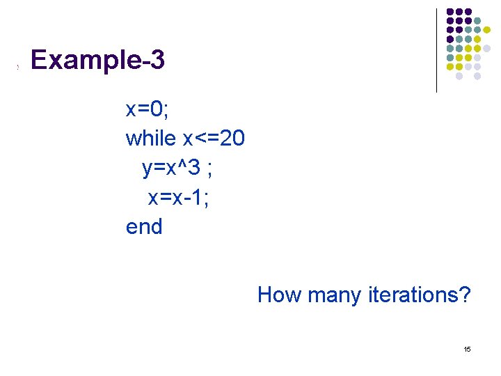Example-3 x=0; while x<=20 y=x^3 ; x=x-1; end How many iterations? 15 