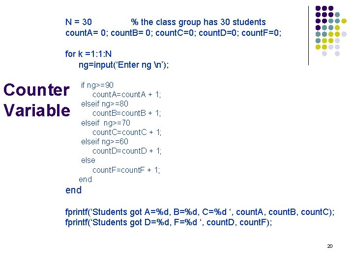 N = 30 % the class group has 30 students count. A= 0; count.