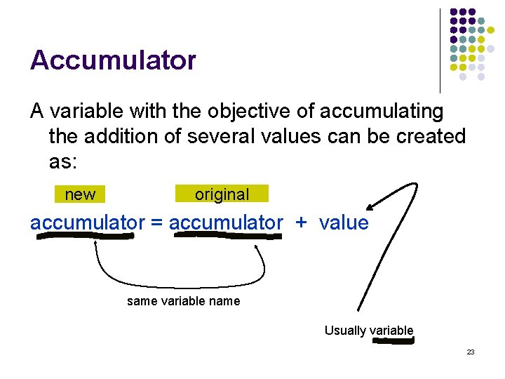 Accumulator A variable with the objective of accumulating the addition of several values can