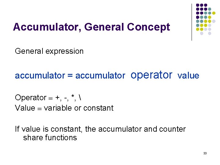 Accumulator, General Concept General expression accumulator = accumulator operator value Operator +, -, *,