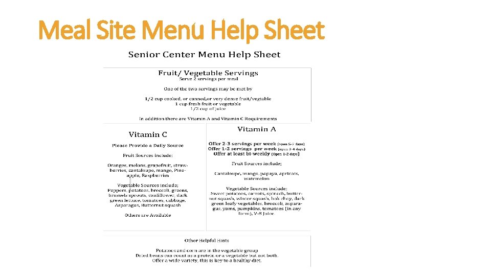 Meal Site Menu Help Sheet 