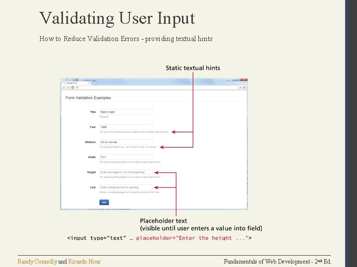 Validating User Input How to Reduce Validation Errors – providing textual hints Randy Connolly