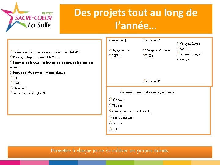 Des projets tout au long de l’année… La formation des parents correspondants (le CE+3