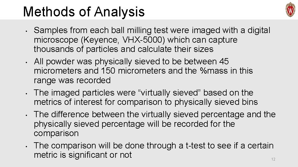 Methods of Analysis • • • Samples from each ball milling test were imaged