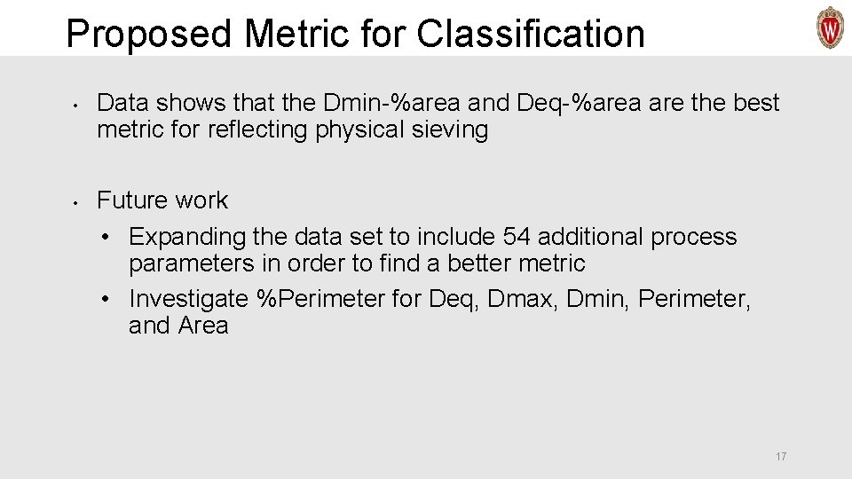 Proposed Metric for Classification • • Data shows that the Dmin-%area and Deq-%area are