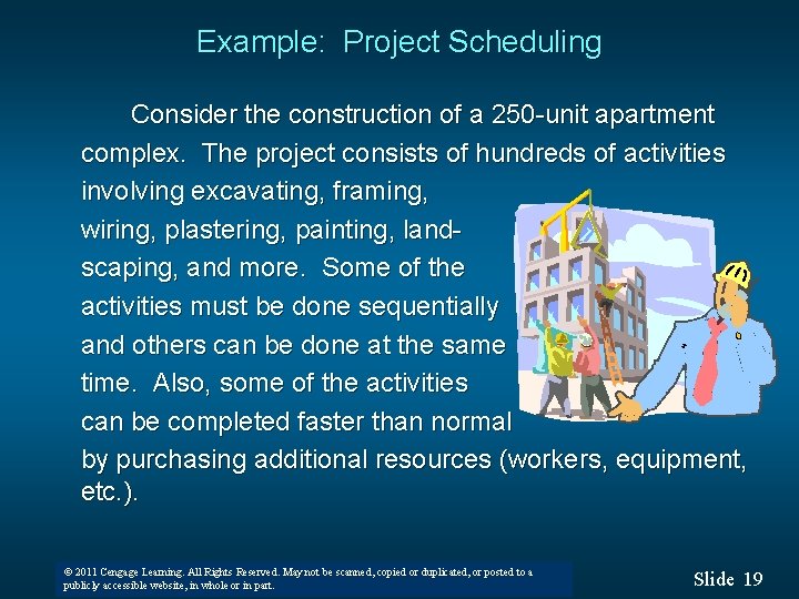Example: Project Scheduling Consider the construction of a 250 -unit apartment complex. The project