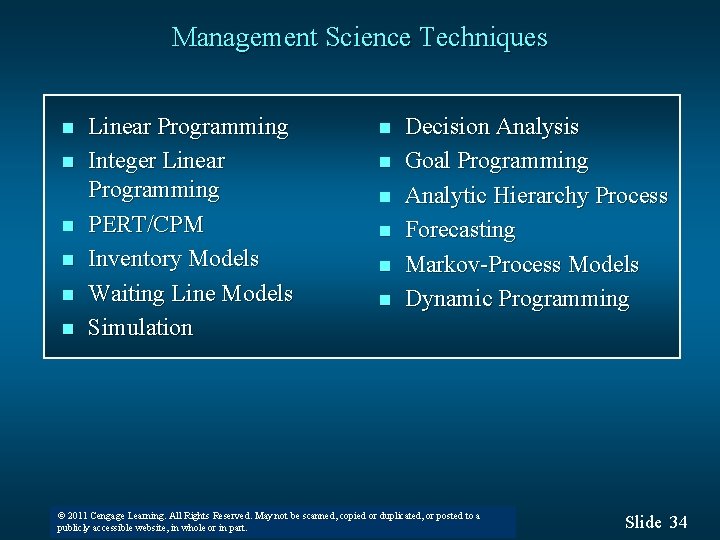 Management Science Techniques n n n Linear Programming Integer Linear Programming PERT/CPM Inventory Models