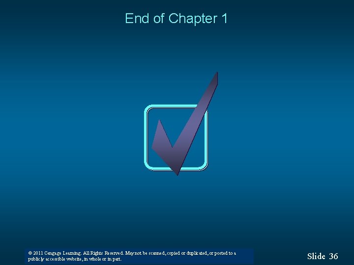 End of Chapter 1 © 2011 Cengage Learning. All Rights Reserved. May not be