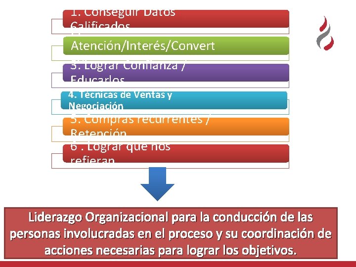 1. Conseguir Datos Calificados 2. Atención/Interés/Convert ilos. Lograr Confianza / 3. Educarlos 4. Técnicas