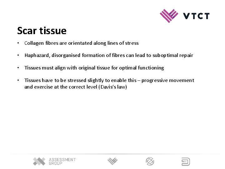 Scar tissue • Collagen fibres are orientated along lines of stress • Haphazard, disorganised Scar tissue • Collagen fibres are orientated along lines of stress • Haphazard, disorganised