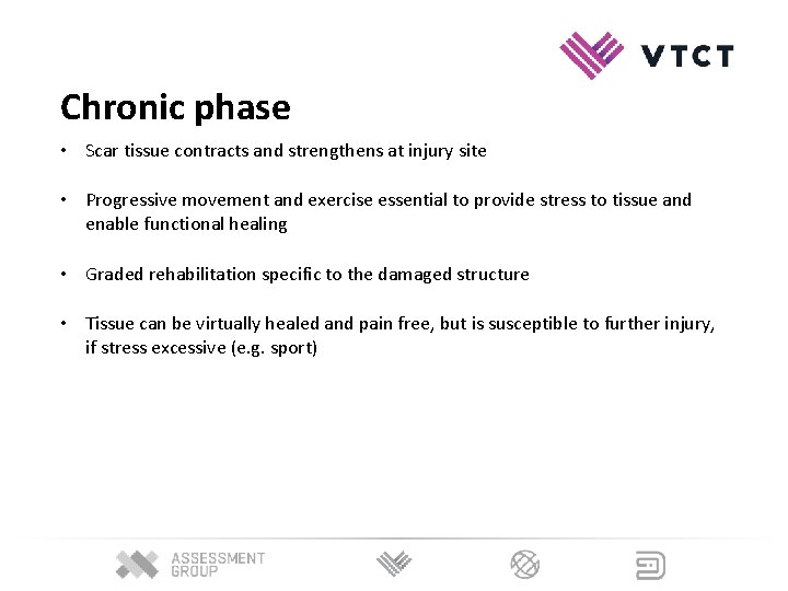 Chronic phase • Scar tissue contracts and strengthens at injury site • Progressive movement Chronic phase • Scar tissue contracts and strengthens at injury site • Progressive movement