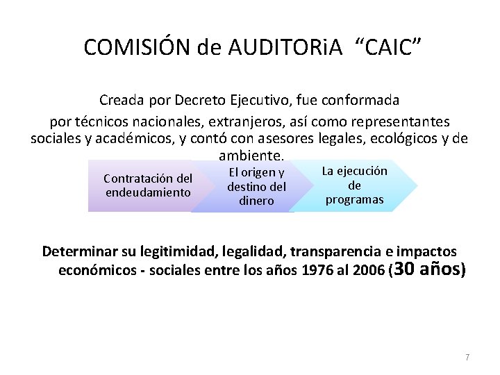 COMISIÓN de AUDITORi. A “CAIC” Creada por Decreto Ejecutivo, fue conformada por técnicos nacionales,