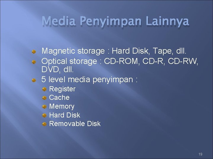 Media Penyimpan Lainnya Magnetic storage : Hard Disk, Tape, dll. Optical storage : CD-ROM,