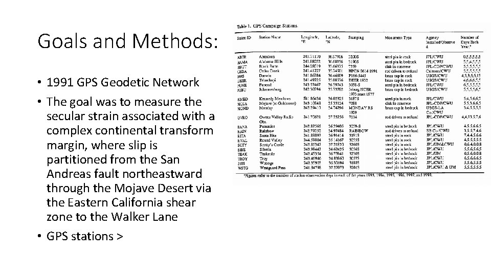 Goals and Methods: • 1991 GPS Geodetic Network • The goal was to measure