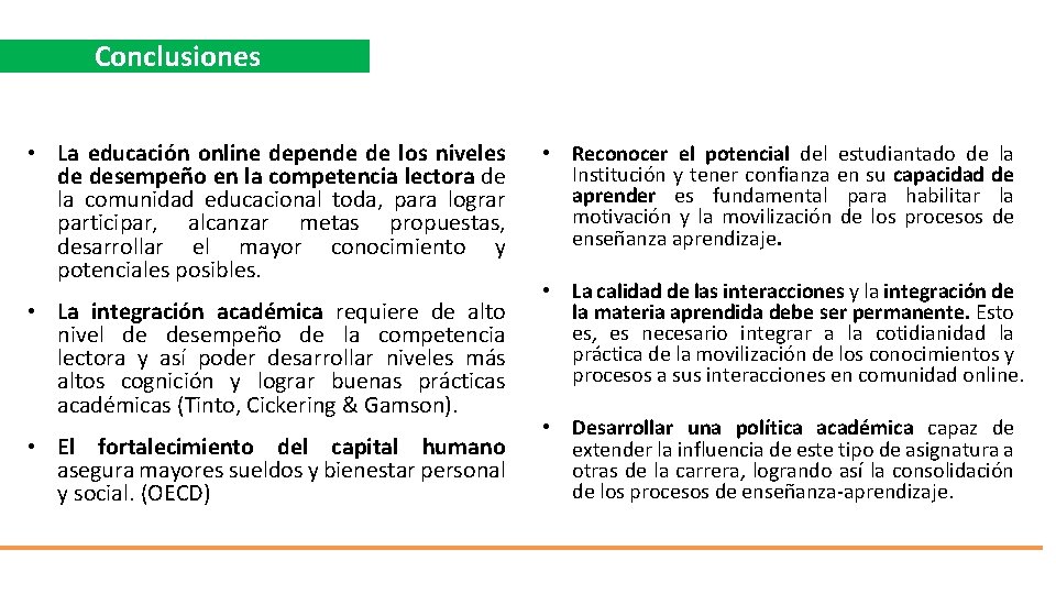 Conclusiones • La educación online depende de los niveles de desempeño en la competencia