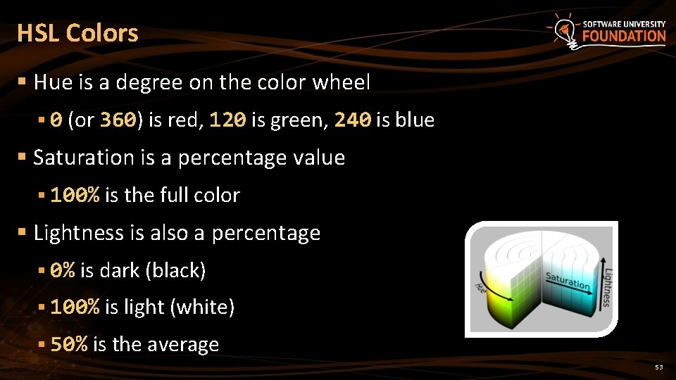 HSL Colors § Hue is a degree on the color wheel § 0 (or