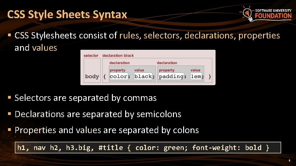 CSS Style Sheets Syntax § CSS Stylesheets consist of rules, selectors, declarations, properties and